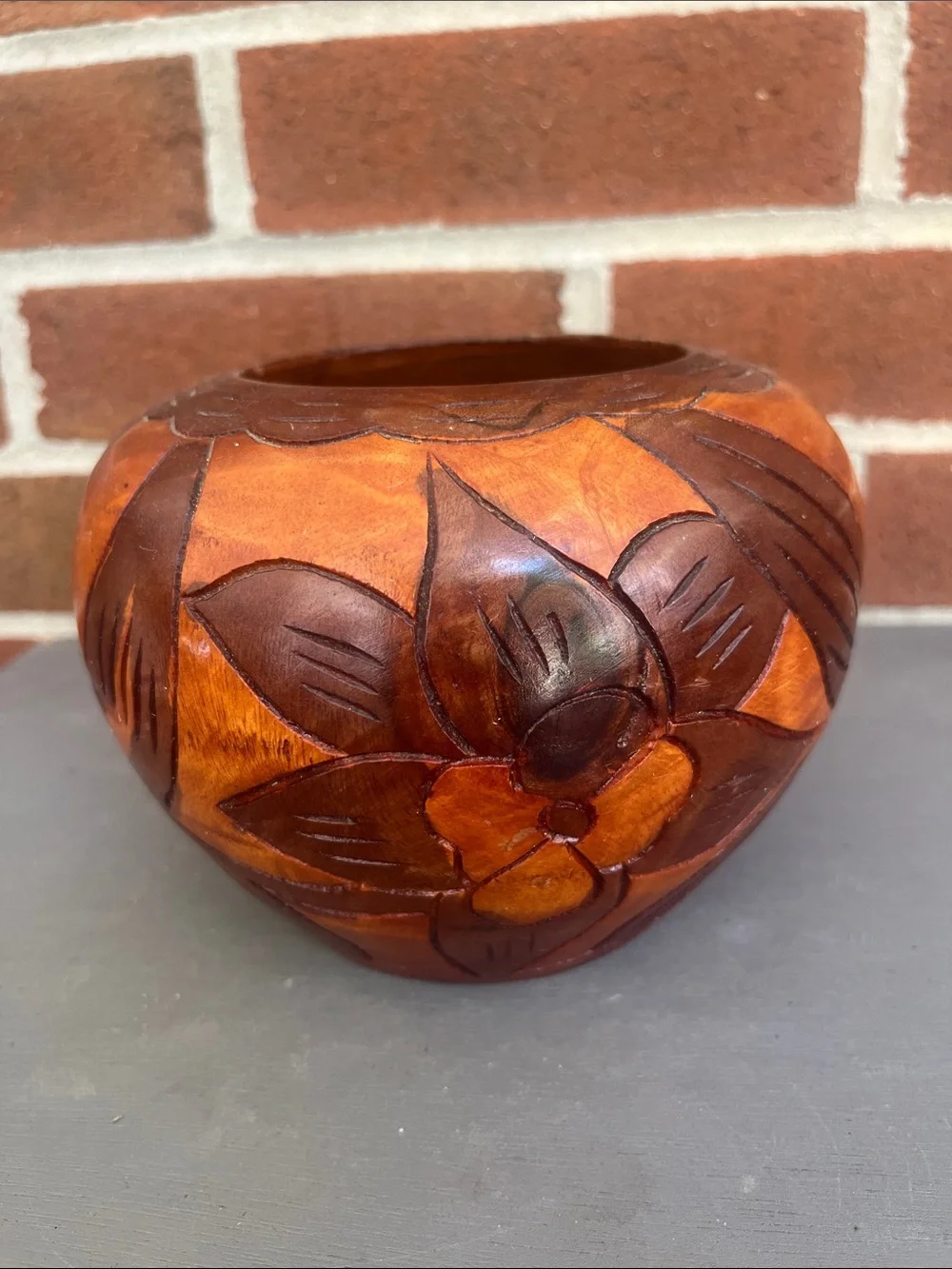Vintage Hand-Carved Turned Wood Bowl Warm Brown Finish with Fish & Floral Design